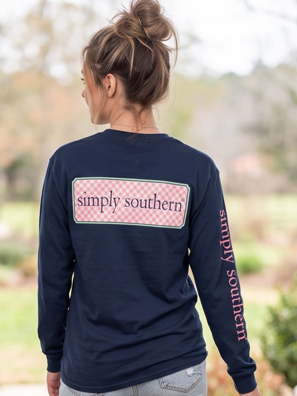 Simply Southern Navy Pocket LS Tee T Shirt Pink Gingham Plaid Back Logo